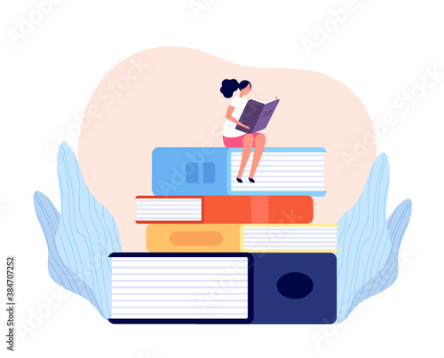 Girl reading book. Outdoor learning, female read and relax on books pile. Isolated student, person study in library college vector concept. Character reading literature book illustration