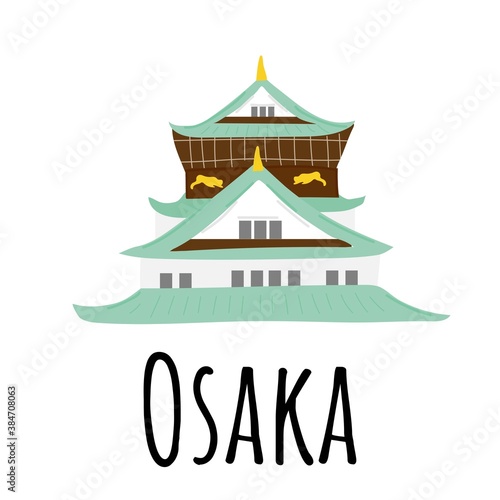 Osaka temple. Green and white decorations. China culture and religion. Hand drawn vector illustration isolated on white background.