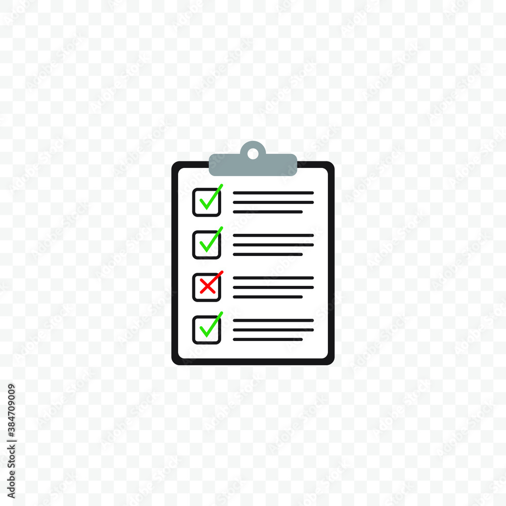 Clipboard with green check mark sign and text symbol on white paper. Checklist icon in flat style. Clipboard with green check mark sign and text symbol on white paper. Checklist icon in flat style.