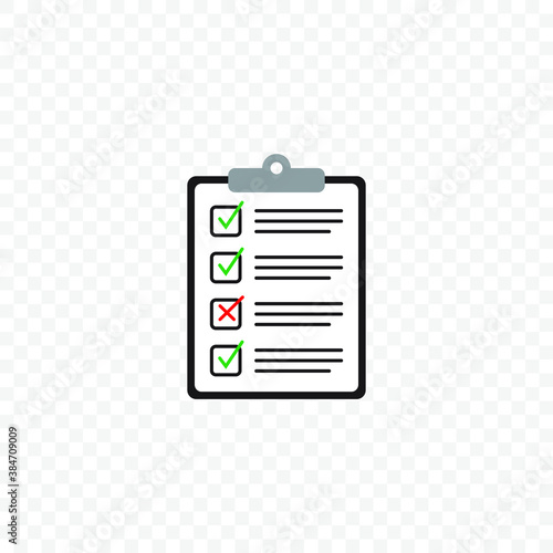 Clipboard with green check mark sign and text symbol on white paper. Checklist icon in flat style. © Maksim