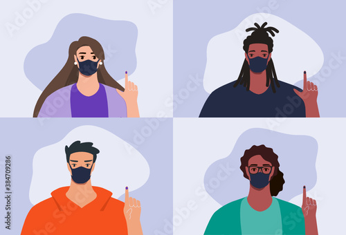 Man & Woman with Face Mask Showing Index Finger with Indelible Electoral Ink Stain after Voting General Regional or Presidential Election During Pandemic. Flat Design Cartoon Style Vector Illustration