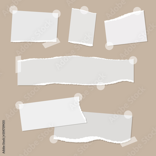 Realistic empty torn paper notes with sticky tape on beige background. Vector illustration of mood board mockup with ripped paper scraps. Square shreds of notebook pages
