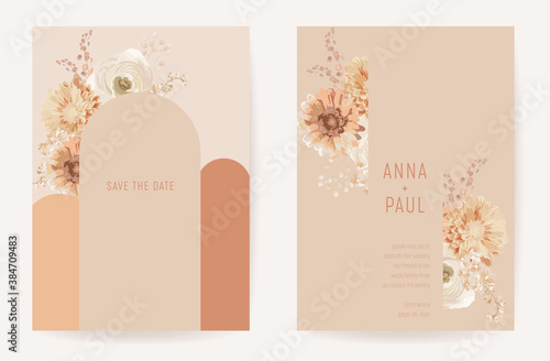 Floral wedding boho invitation card, dry flowers template design with dahlia, anemone, frame set
