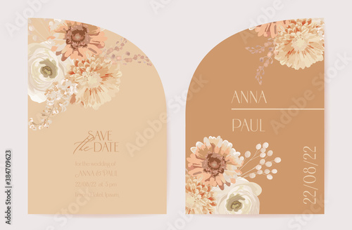 Vector wedding floral Invitation, modern frame flowers card design. Template dry pampas grass, dahlia watercolor