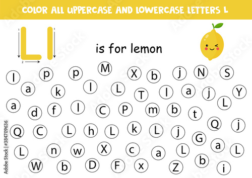 Find and color all letters L. Alphabet games for kids.