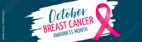 Breast Cancer awareness month October. Realistic pink ribbon symbol. Healthcare or charity support concept banner. Vector illustration.