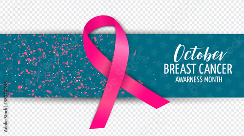 Breast Cancer awareness month October. Realistic pink ribbon symbol. Healthcare or charity support concept overlay banner. Vector illustration.