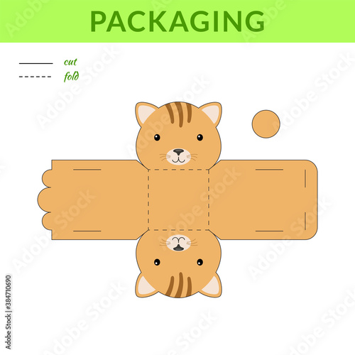 DIY party favor cat box for birthdays, baby showers for sweets, candies, small presents, bakery. Retail box blueprint template. Print, cutout, fold, glue sticker. Vector stock illustration