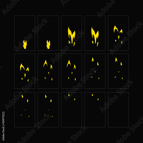 Fire sparks animation. Flame effect sprites sheet for games, video, animation. Colorful cartoon sparks animation. 