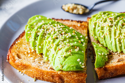 Avocado toast with hemp seeds on gray plate. Healthy vegan food concept.