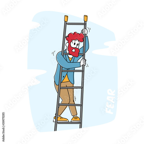 Acrophobia, Frightened Male Character Stand on Ladder Feeling Fear of Height. Stress, Emotional Imbalance, Anxiety