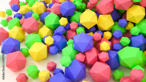 multicolored three-dimensional polyhedrons are scattered on a white background. 3d render illustration