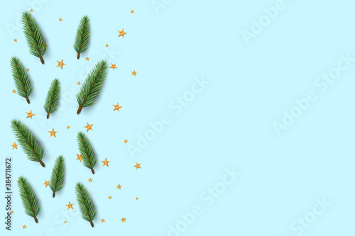 Christmas poster with realistic fir tree branches and golden stars. Xmas holiday cover background. Top view flat lay. Vector illustration.