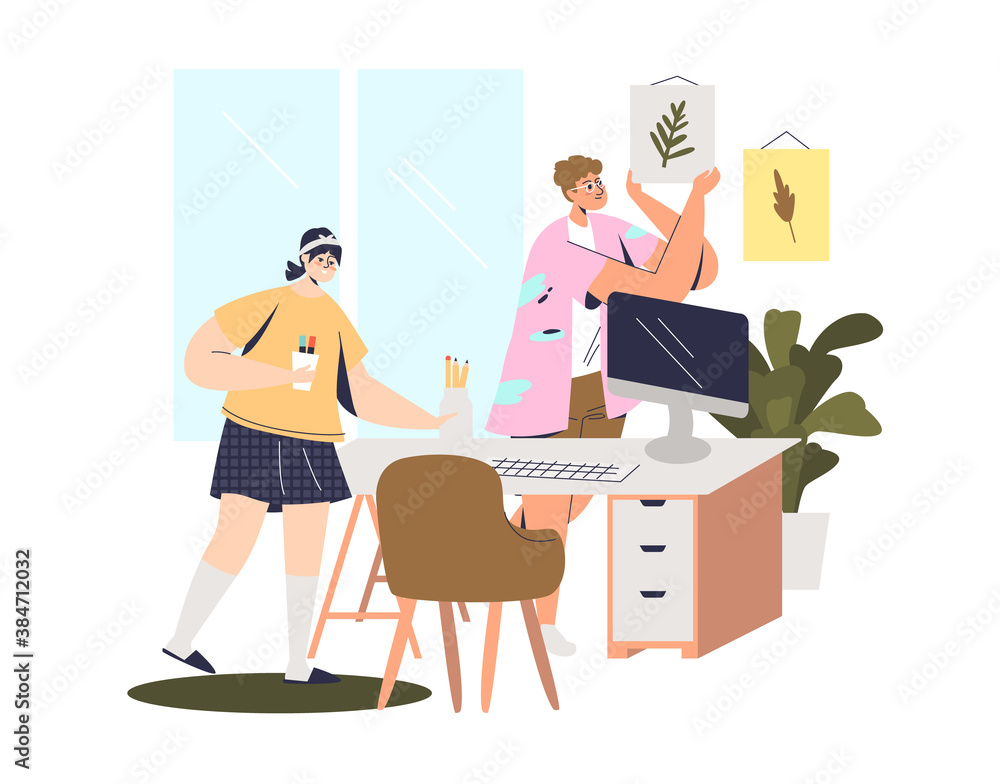 Girls preparing home workplace for freelance work or distance education Girls preparing home workplace for freelance work or distance education