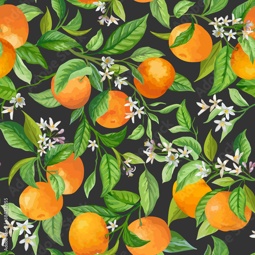 Mandarin Floral Background, Vector Seamless Fruit Pattern, Citrus Fruits, Flowers, Leaves, Limes Branches Texture