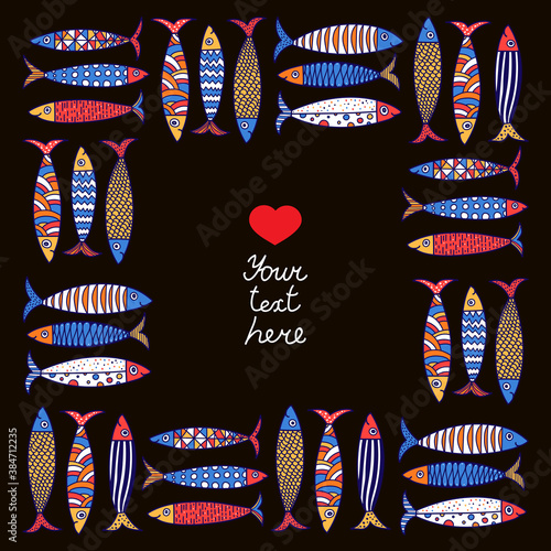 Lovely sardines. Postcard with colorful fish.