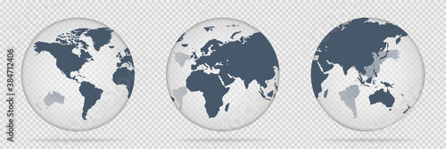 Transparent globe icon. Glass map of world. Planet vector in 3D. Transparent sphere shape with continents. Realistic earth symbol with shadow. Worldwide concept. EPS 10.