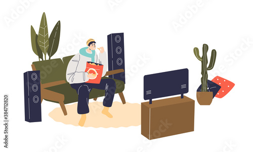 Cartoon man sitting on coach and watching tv with snacks. Young male watching film or show