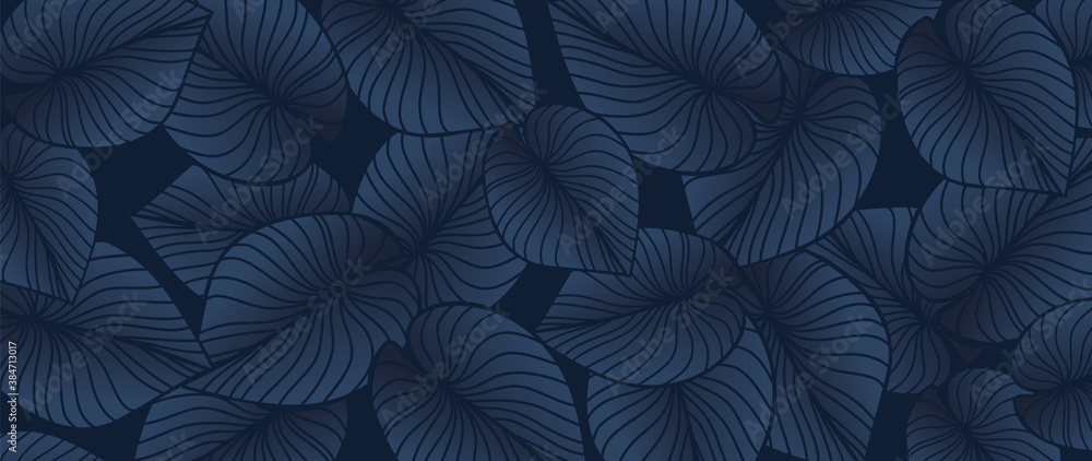 Fototapeta premium Floral line art wallpaper vector. Exotic botanical background, Tropical leaf line arts for textiles, wall art, fabric, wedding invitation, cover design.