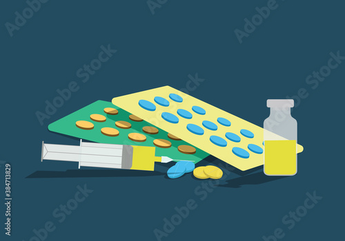 first aid equipment tablets, syringe, iodine vector design illustration