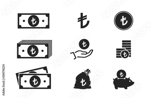 turkish lira banknotes, coins, cash and money icons. financial and banking symbols for web design