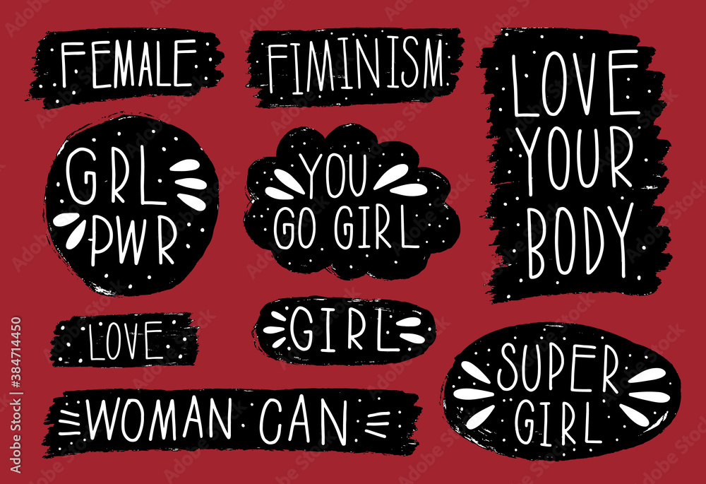 Collection hand drawn communicate feminism speech. Design element slogan doodle business message.