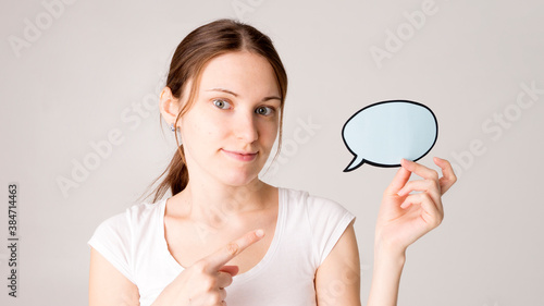 Woman shows sign speech bubbles. Speech bubble banner