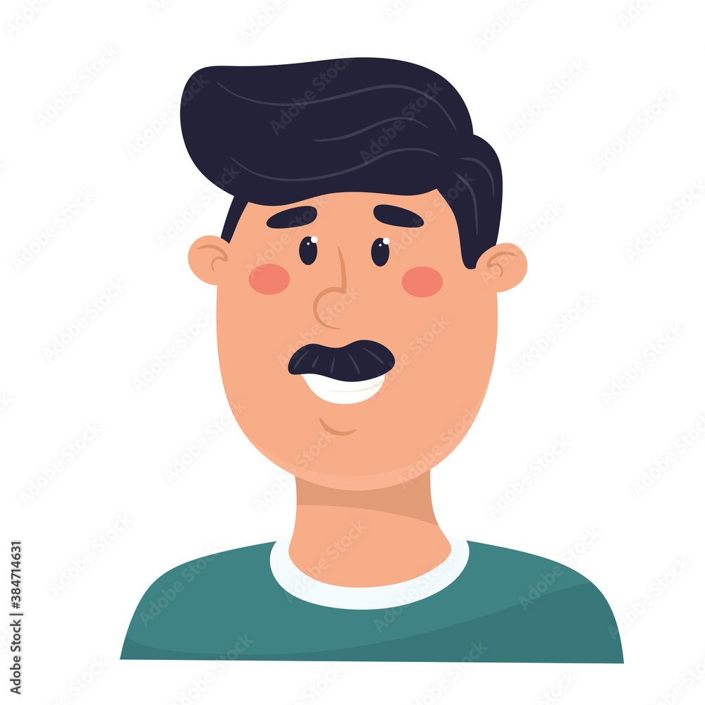 Smiling portrait of a man with a mustache. Vector illustration in flat style.