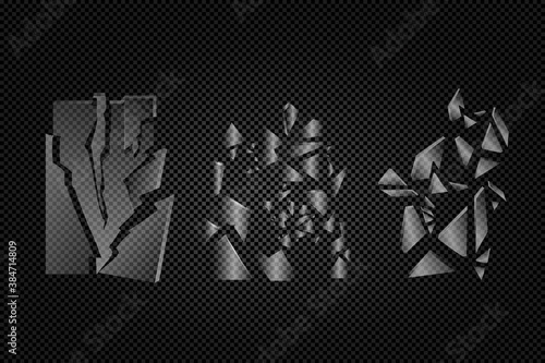A set of broken glass on a transparent background. Three types of battered glass, shards of a window, pieces of a large mirror. Sharp shattered glass.