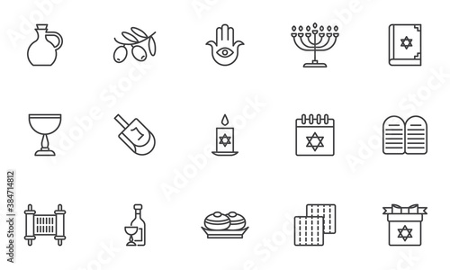 Hanukkah,Jewish holiday line icons set. linear style symbols collection, outline signs pack. vector graphics. Set includes icons as hanukkah dessert doughnut, menorah, dreidel,torah, David star
