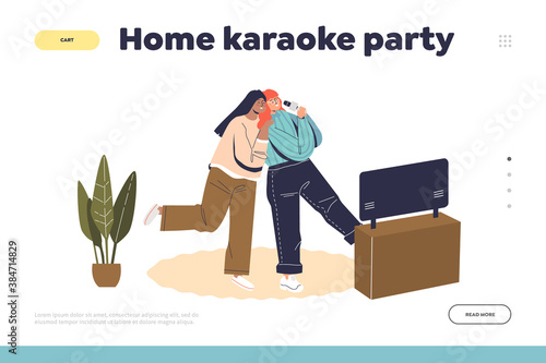 Home karaoke party landing page concept with two women singing karaoke reading lyrics from tv
