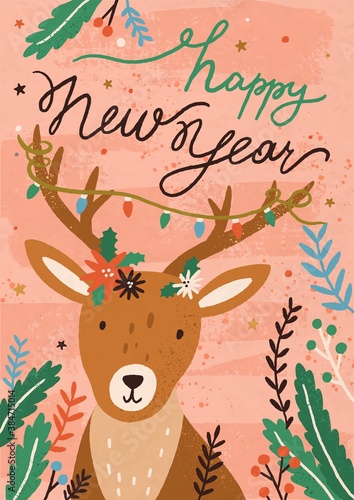 Christmas postcard with cute deer and mistletoe branches. Happy New Year vert...