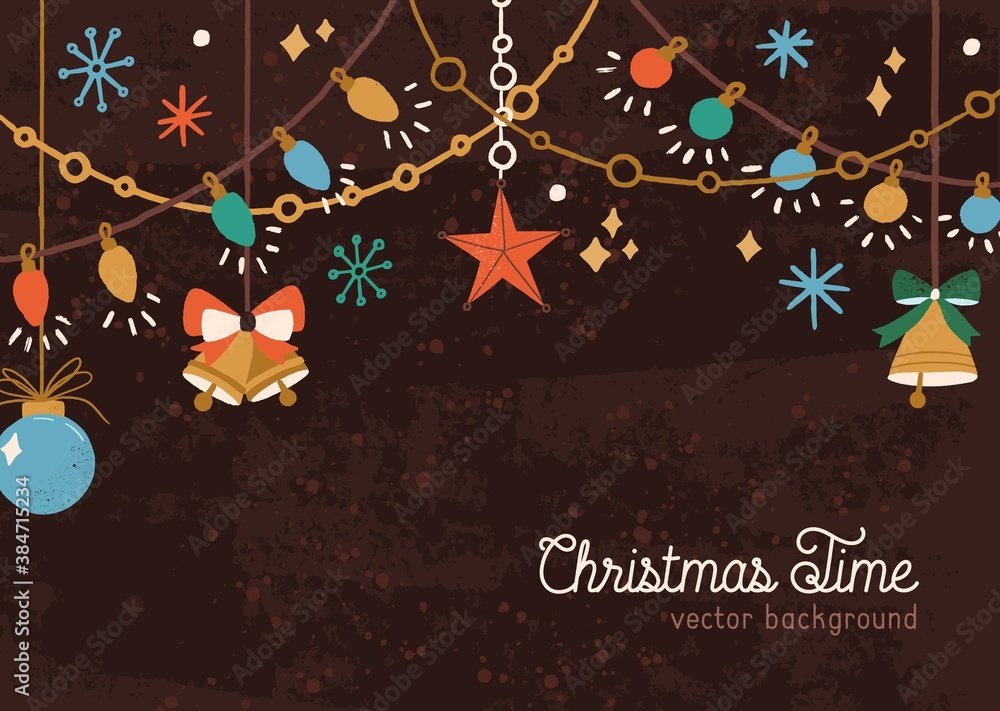 Horizontal christmas backdrop with hanging garland, baubles and bells. Holiday background with xmas decorations and a place for text. Vector textured illustration of seasonal card in flat style