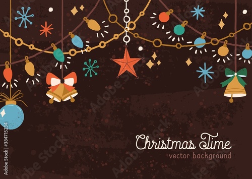 Horizontal christmas backdrop with hanging garland, baubles and bells. Holiday background with xmas decorations and a place for text. Vector textured illustration of seasonal card in flat style