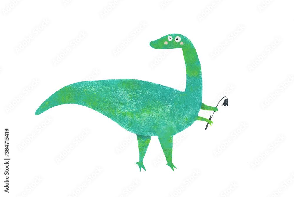 Obraz premium Cute baby style cartoon clip art on a white background illustration. Prehistoric predator in green color. Hand painted art