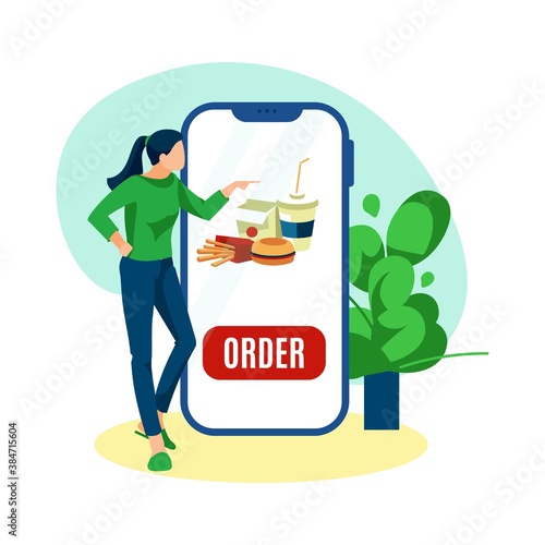 Ordering fast food online via smartphone. Young woman using delivery service mobile app. Tiny woman standing online next big smartphone flat vector illustration