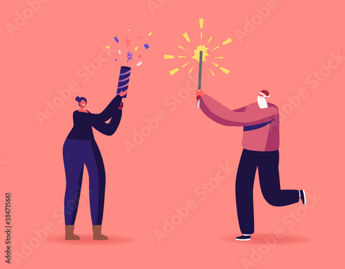 Happy Family or Friends Couple Characters Enjoying Firework for Christmas or New Year Holiday Celebration, Sparkler