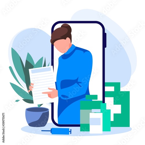 Online pharmacy store concept. Pharmacist giving consultation in online drugstore. Doctor helping to order medications and drugs flat vector illustration