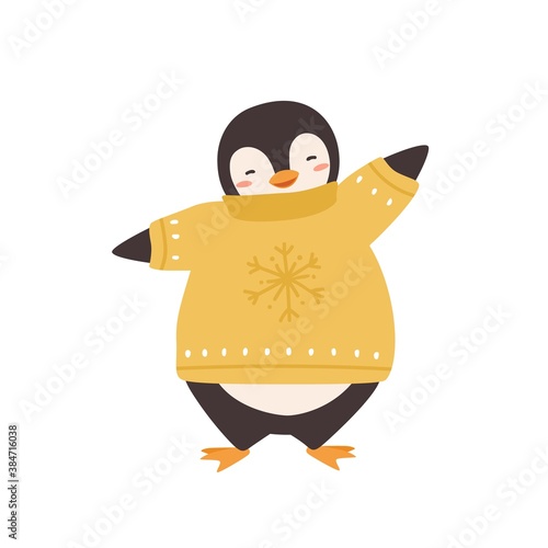 Cute penguin in warm sweater with snowflake print vector flat illustration. Funny polar bird wearing winter knitted clothes isolated on white. Adorable arctic animal in christmas apparel