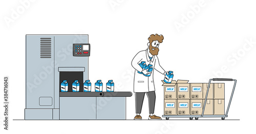 Dairy Food Packaging, Industrial Automation Process. Man Plant Worker Take Milk Packages from Factory Conveyor Belt