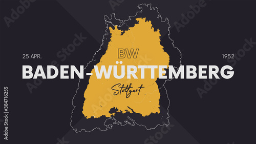 16 of 16 states of Germany with a name, capital and detailed vector Baden-Württemberg map for printing posters, postcards and t-shirts