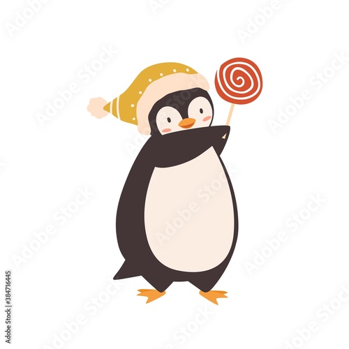 Baby penguin with lollipop vector flat illustration. Cheerful polar bird carrying candy on stick wearing warm knitted hat isolated on white. Cute arctic character holding sweet delicious