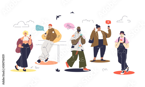 Set of modern people using smartphones and messaging walking. Cartoon characters chatting online