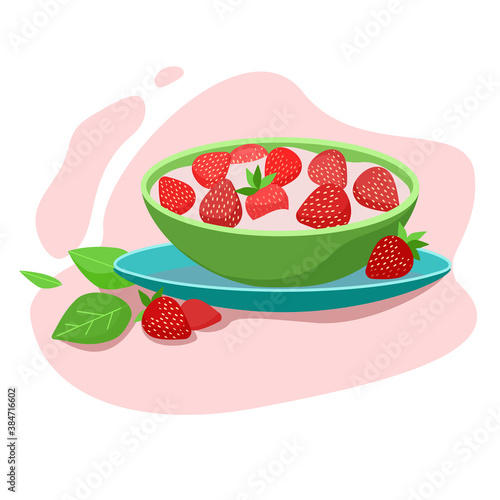 Strawberry desert in a plate. Fruit and vegetable salad.