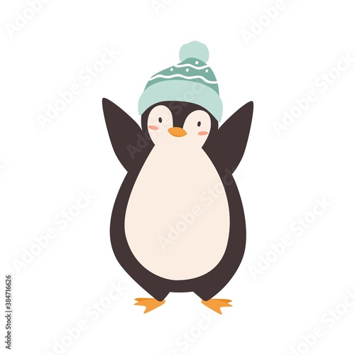 Baby penguin standing in woolen colorful bobble hat vector flat illustration. Cute polar bird wearing childish ornamented headdress with pompom isolated. Happy arctic character in winter accessory