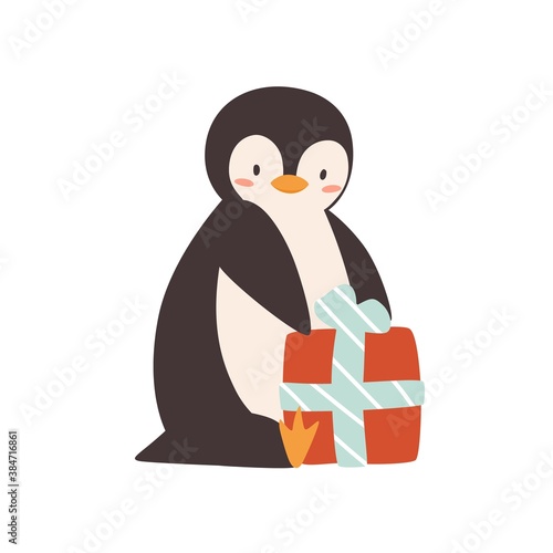 Cute penguin sitting with wrapped gift box vector flat illustration. Funny ba...