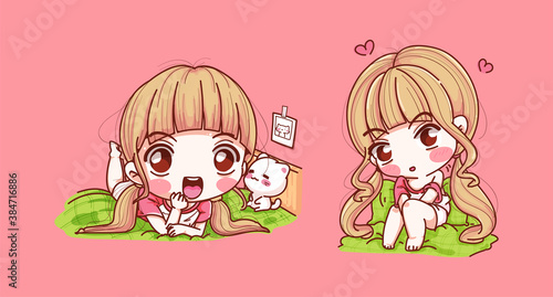 Set of cute girl happy and wake up in the morning isolated on background with character design.