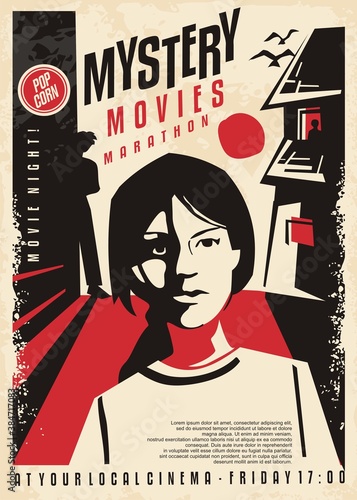 Girl followed by mysterious people artistic poster concept for cinema event. Mystery movies retro flyer design. Vector book cover idea.