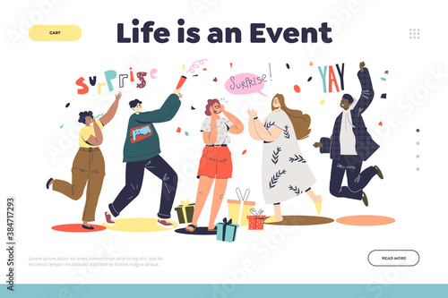 Surprise party landing page design with group of friends greeting happy girl with birthday