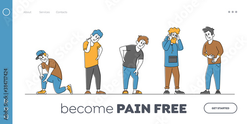 Characters Feeling Pain Landing Page Template. People Suffering Ache in Different Body Parts Chest, Neck, Leg, Back, Arm